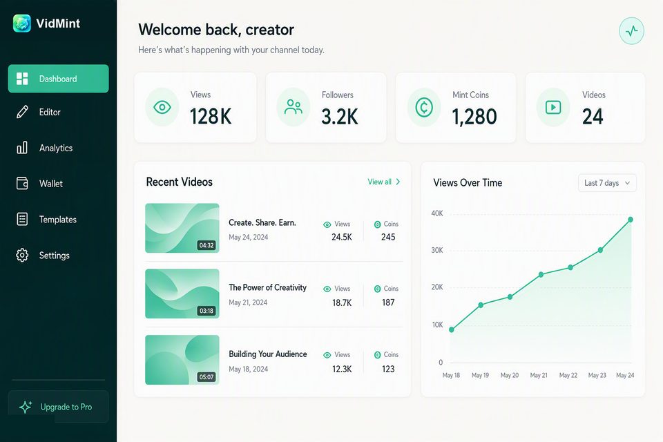 Panel de creador web de VidMint en un navegador de escritorio: proyectos, estadísticas de minteo y borradores