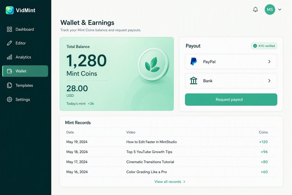 Billetera web de VidMint para retiros de Mint Rewards en escritorio