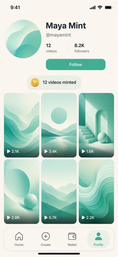 Página de perfil de la comunidad de creadores de VidMint con videos cortos publicados
